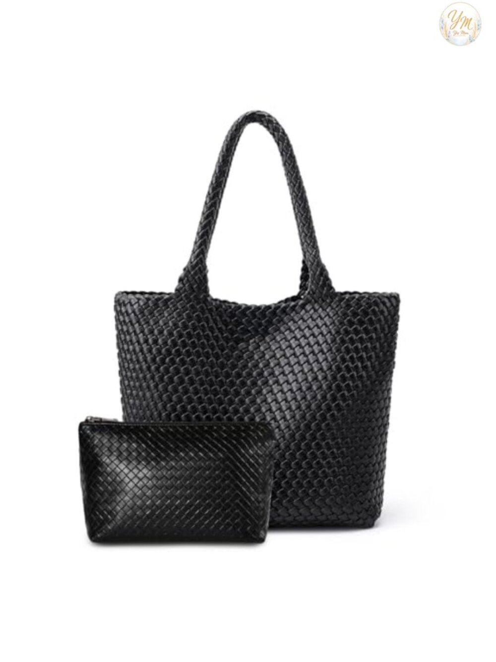 Woven Leather Tote Bag - Large Handbag with Clutch - Vegan Leather